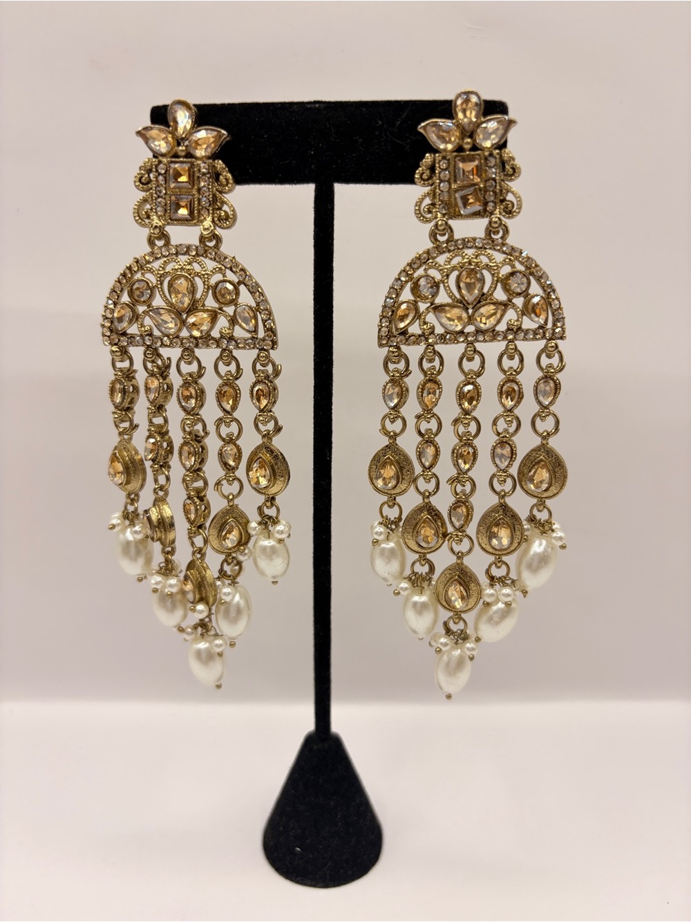 Gold Polish Champagne Color Statement Pearl Chandelier Drop Earrings